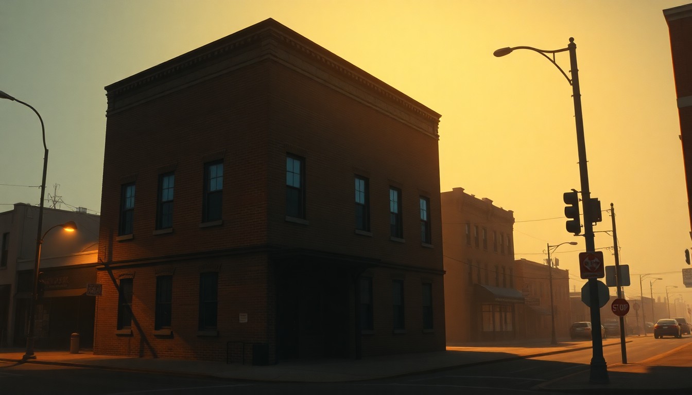 A nostalgic, cinematic painting of an old brick building on a downtown street corner, with warm sunlight and deep shadows creating a sense of quiet contemplation.