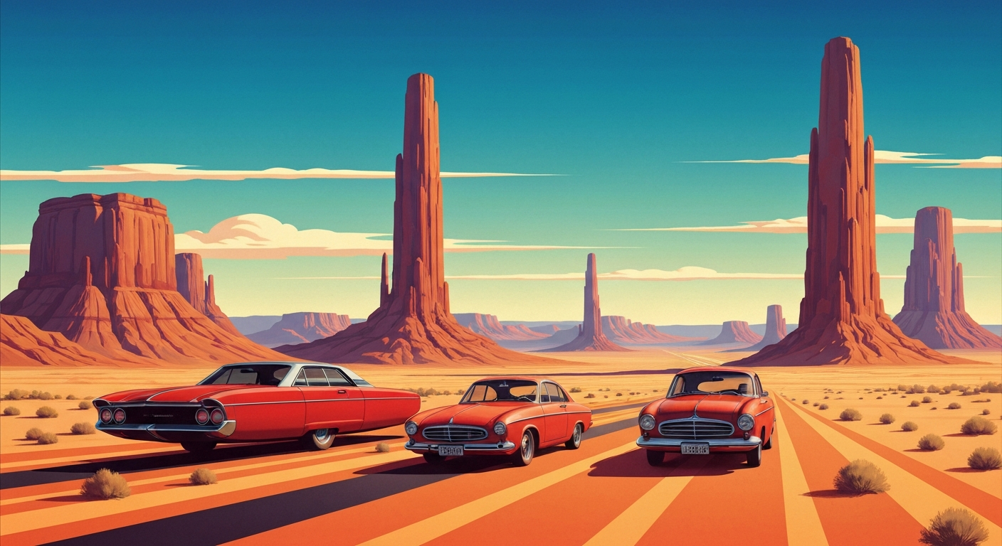 A bold, geometric illustration in the Art Deco style, featuring sweeping gradients of orange, red, and purple hues that evoke the dramatic landscapes of the American Southwest. The composition features towering, streamlined forms that suggest the grand scale and romance of travel along historic Route 66.