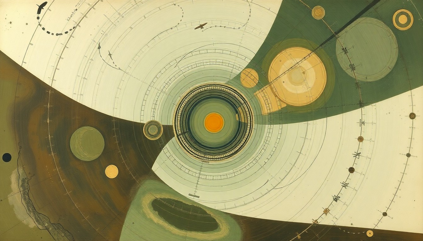 A bold, abstract painting featuring sweeping geometric arcs, concentric circles, and precise spirals in earthy tones of green, brown, and grey, conceptually representing the complex forces and concepts behind hypersonic missile technology.