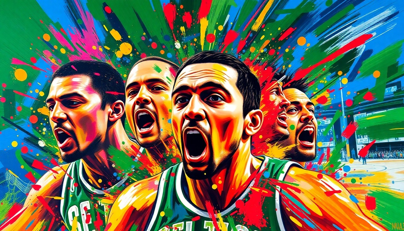 An abstract, expressionist painting in vibrant neon colors capturing the raw energy and scoring frenzy of a basketball game, with players' forms dissolving into colorful brushstrokes.