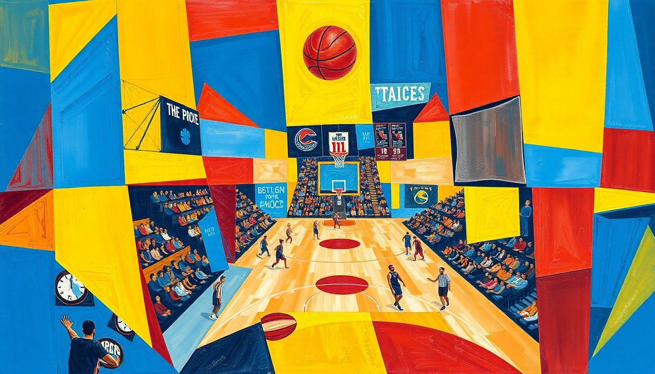 A cubist-style painting featuring overlapping geometric shapes and planes in shades of blue, yellow, and red, capturing the energy and movement of a college basketball game.