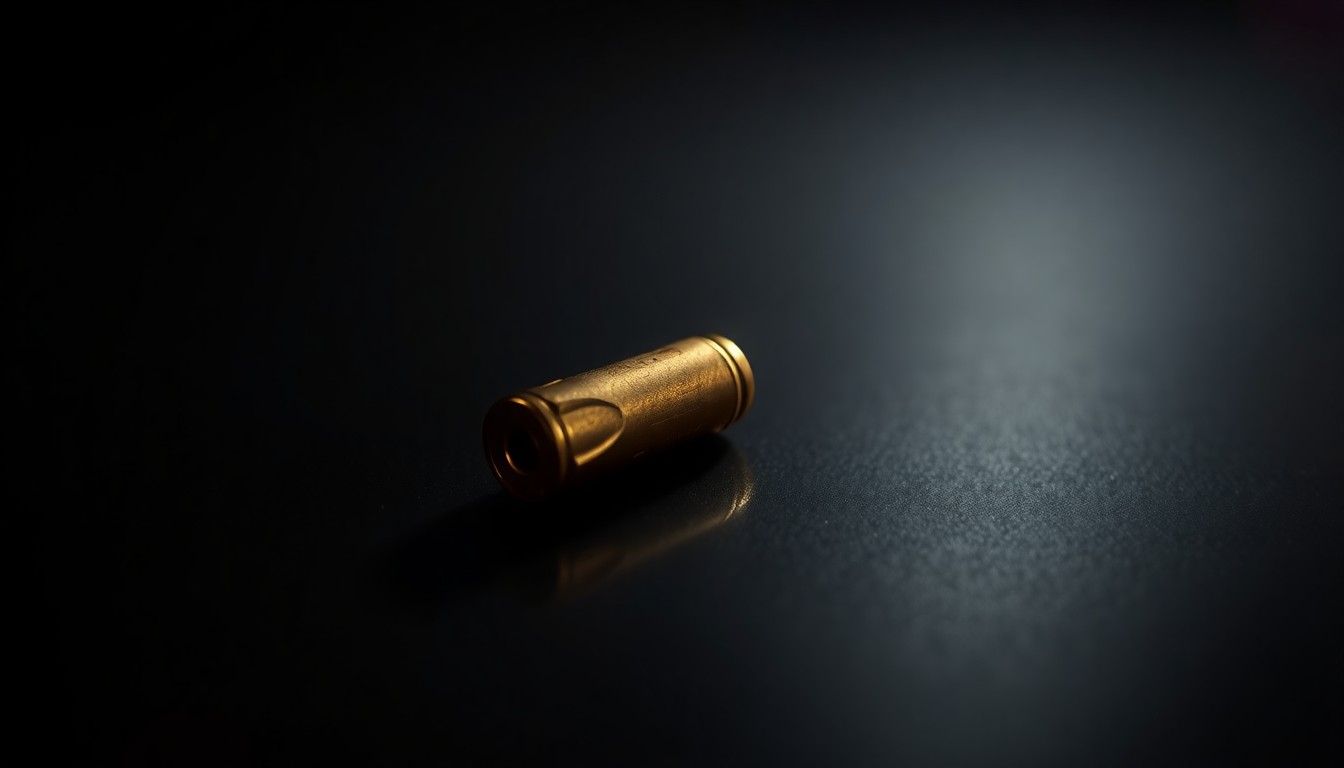 An extreme close-up photograph of a single bullet casing on a dark surface, reflecting the harsh, direct light of a camera flash, conceptually representing the aftermath of a police shooting during a mental health crisis.