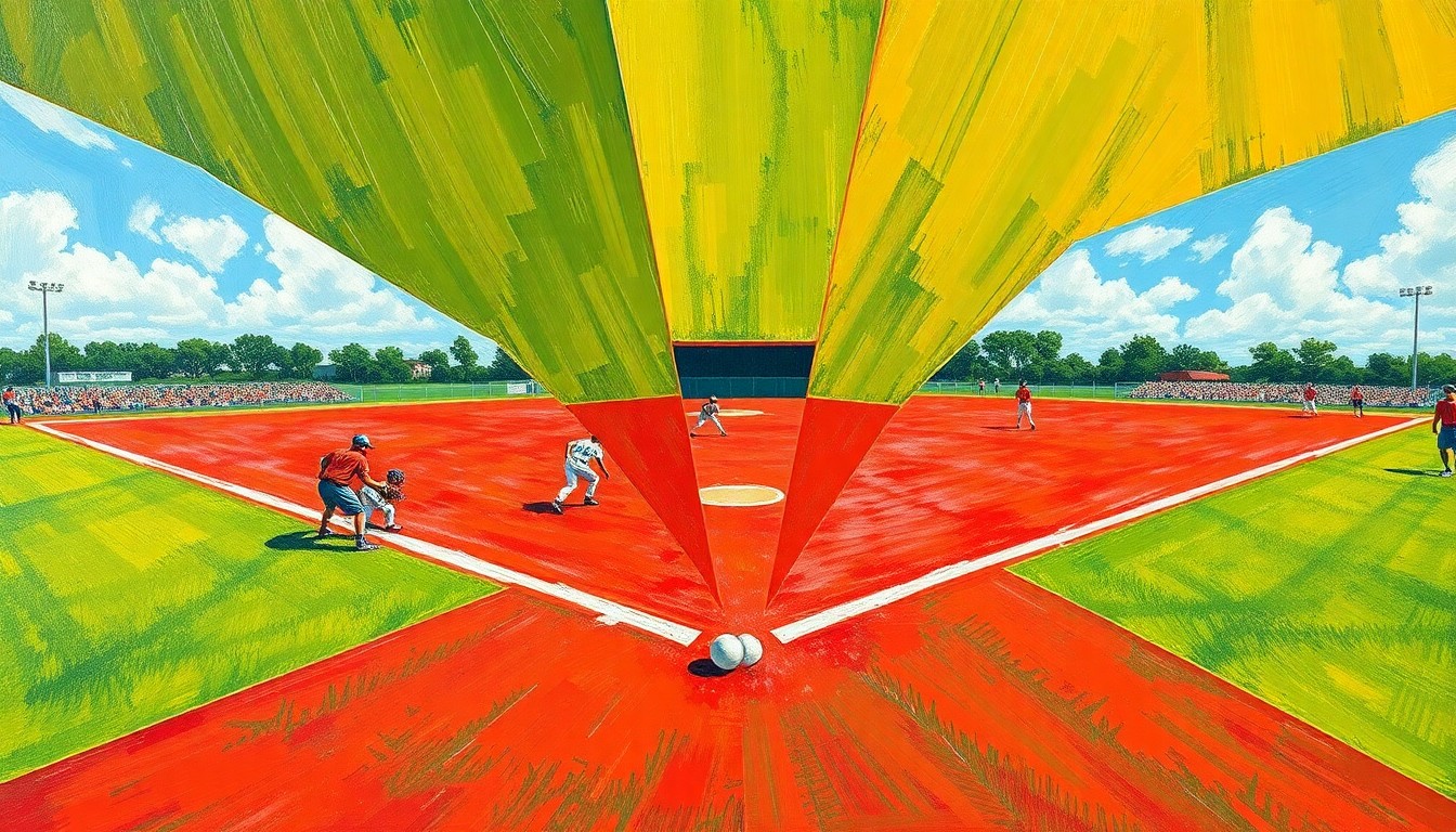 A fragmented, geometric painting depicting a high school softball game, with sharp planes of color representing the field, players, and uniforms.