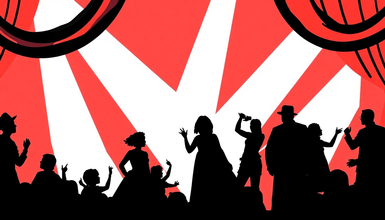 An abstract, minimalist illustration using bold black shapes and high-contrast colors to represent the variety of Broadway shows coming to the Morrison Center in Boise.