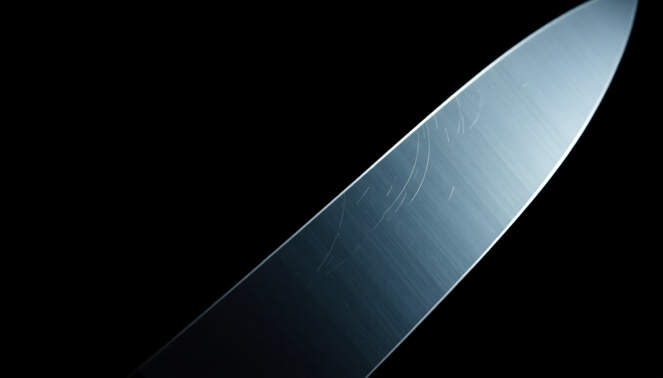 An extreme close-up of a knife blade reflecting a bright, harsh light, conveying the serious and investigative nature of a crime involving a weapon.