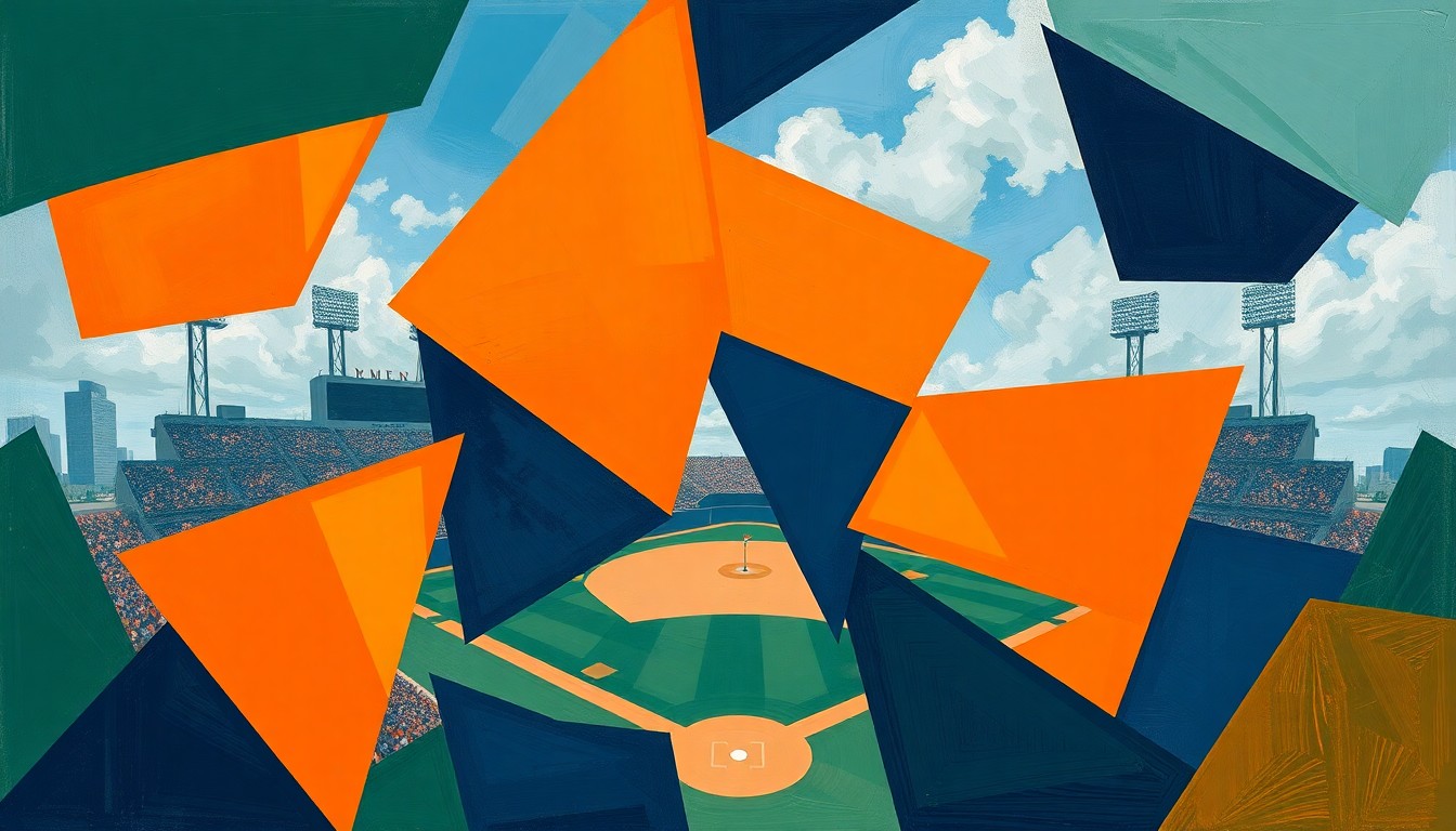A cubist, geometric painting depicting a college baseball game, with sharp overlapping planes of bright orange, navy blue, and forest green, conveying the dynamic energy and teamwork of the ASU club baseball team's turnaround season.