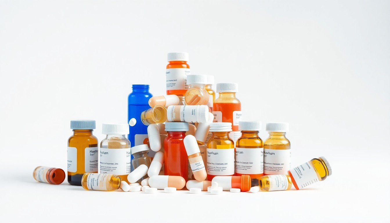 A photorealistic studio still life featuring a stack of pharmaceutical pill bottles and vials arranged elegantly on a clean, white background, conceptually representing the corporate challenges facing the industry in Massachusetts.