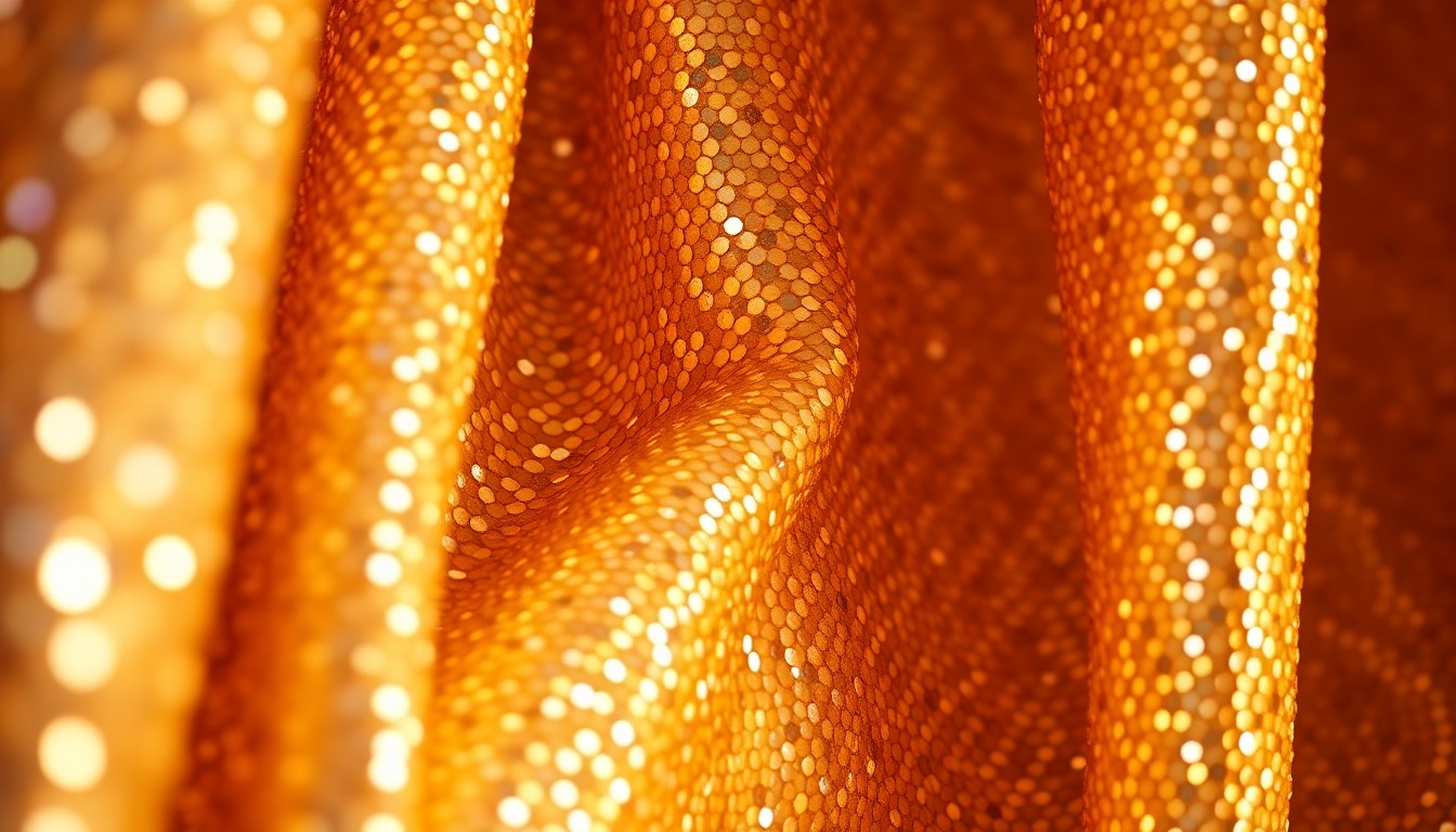 An abstract close-up photograph of shimmering, glittering fabric textures in dramatic studio lighting, capturing the nostalgic glamour of a classic TV show.