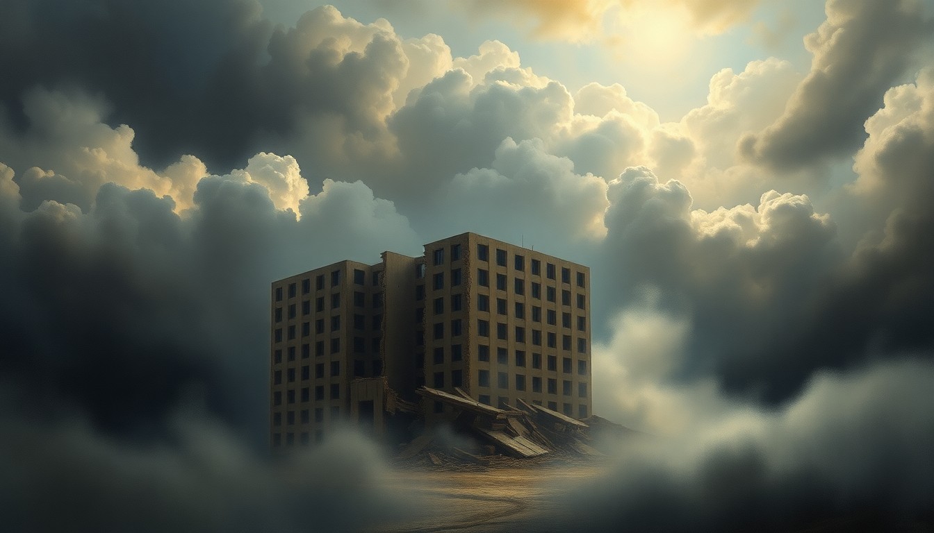 A dramatic, atmospheric landscape painting depicting a partially collapsed office building obscured by heavy fog and dramatic lighting, conveying the overwhelming power of nature and the fragility of man-made structures.