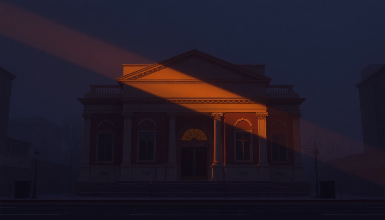 A serene, nostalgic painting of an empty city hall building in warm, golden light, conveying the quiet contemplation of civic infrastructure in need of renewal.