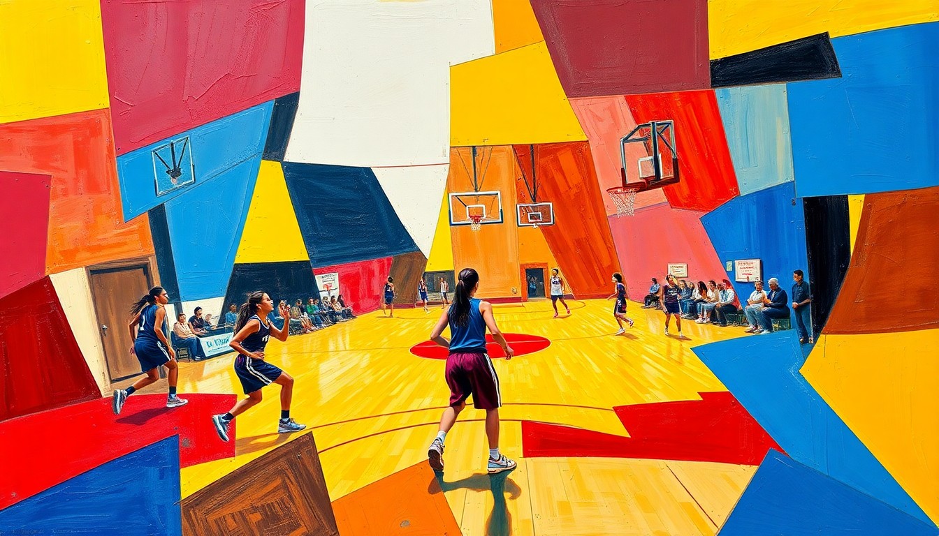 A cubist-style painting featuring overlapping geometric shapes and planes of bright primary colors, conceptually representing the dynamic action and competition of a girls' basketball game.