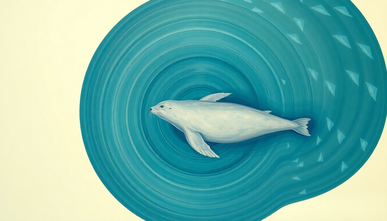 A bold, abstract painting in soft blues, greens, and greys depicting the complex movements and diving patterns of a seal as it swims back into the ocean, represented through sweeping geometric arcs, concentric circles, and precise biological spirals.