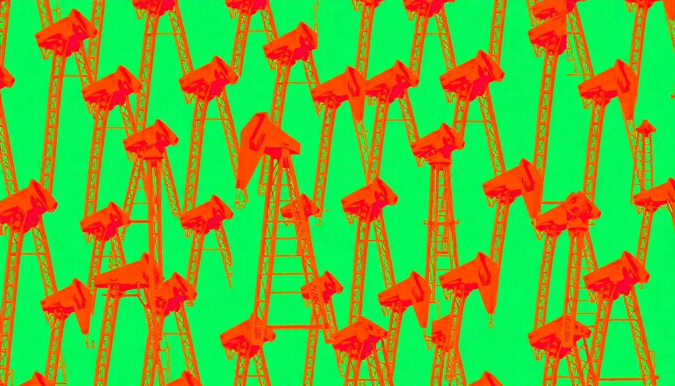 A bold, abstract silkscreen print featuring a repeated image of a vintage oil derrick in a striking neon color palette, conceptually representing the innovative and impactful career of Randolph 'Randy' Moeller.