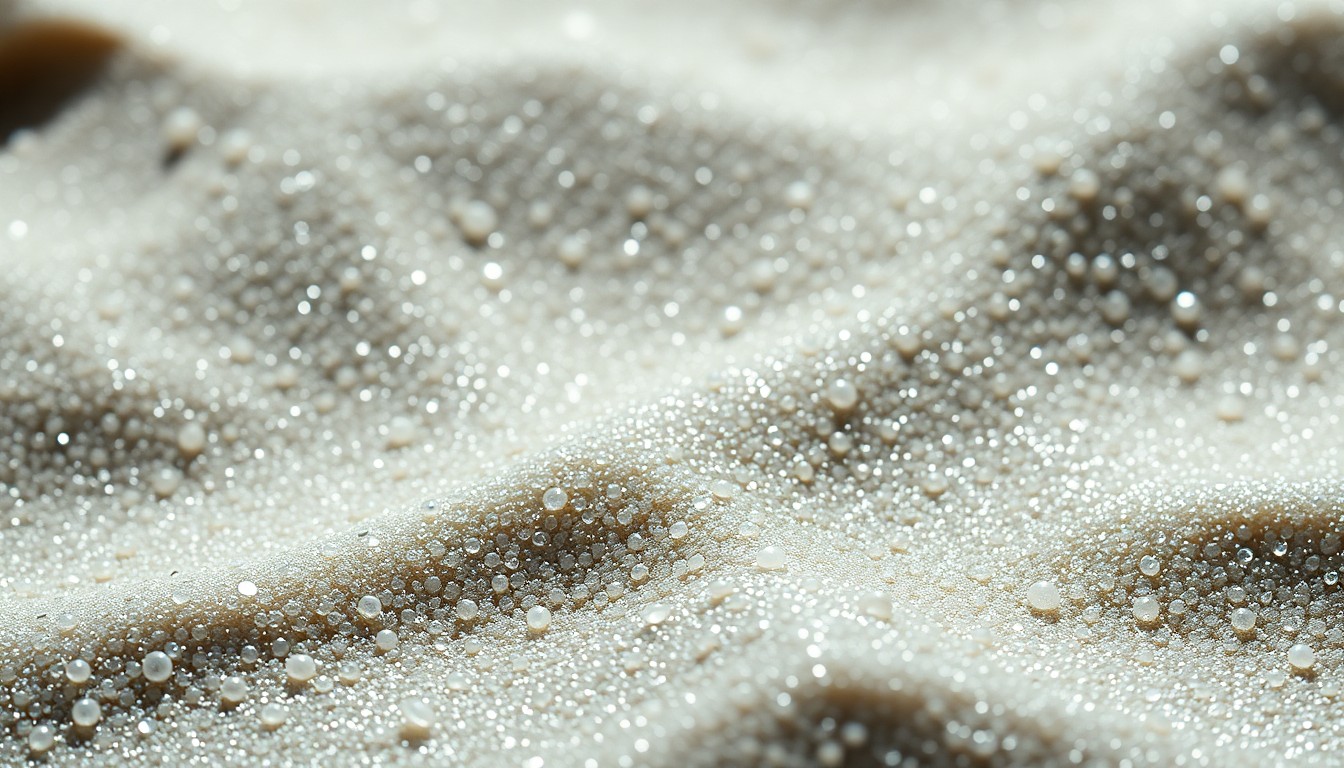 An abstract close-up photograph of glistening sand or seashells, captured in dramatic high-contrast lighting to create a sense of glamour and luxury.