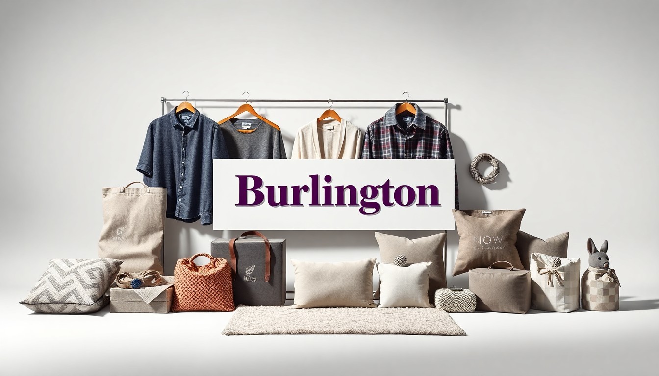 A high-end studio still life photograph showing a neatly arranged display of premium clothing items, accessories, and home goods from the Burlington brand, all placed elegantly on a clean, monochromatic background and using dramatic lighting to convey the brand's affordable luxury and variety.