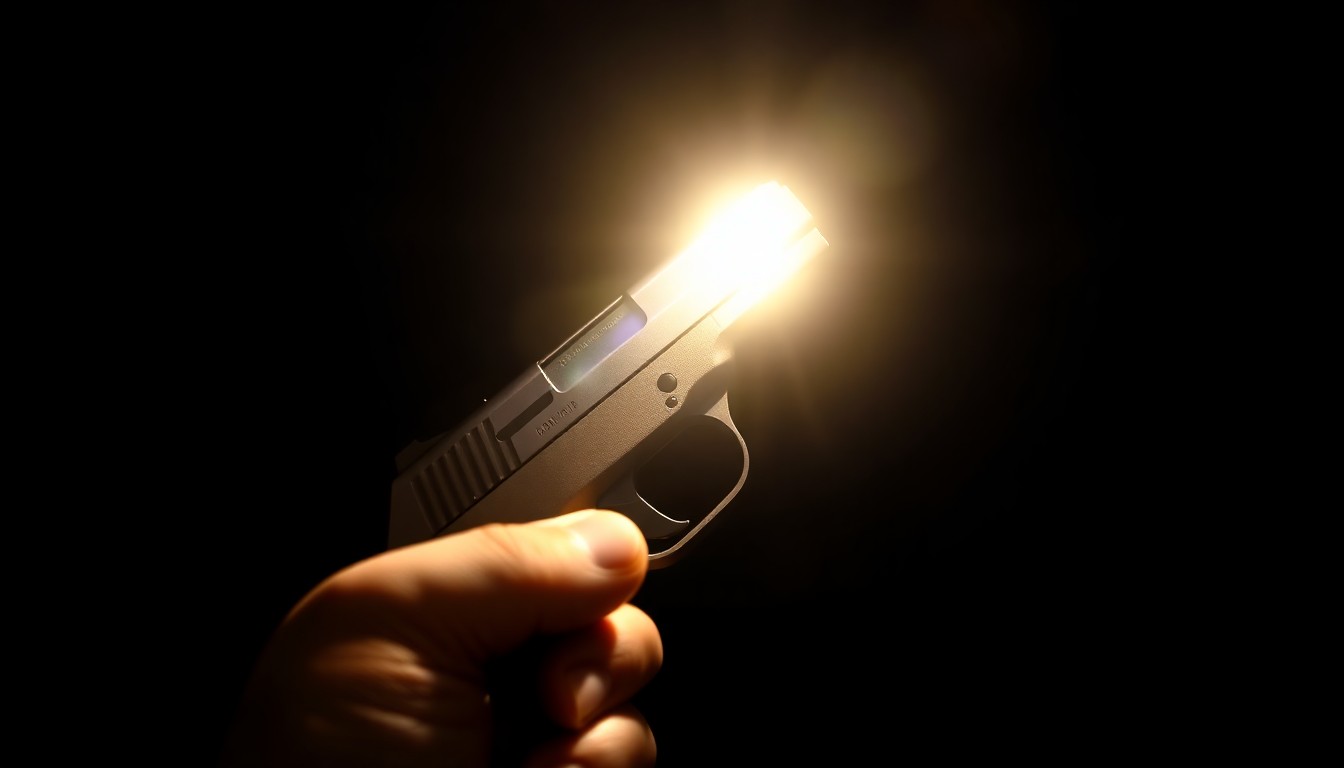 An extreme close-up photograph of a seized firearm, such as a handgun or assault rifle, lit by a harsh, direct camera flash against a pitch-black background, conceptually illustrating the city's crackdown on illegal weapons.