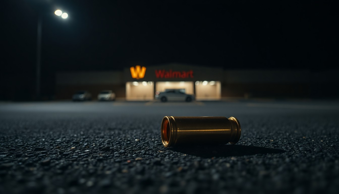An extreme close-up photograph of a spent shell casing on the asphalt of a Walmart parking lot, conceptually illustrating the aftermath of a federal law enforcement incident.