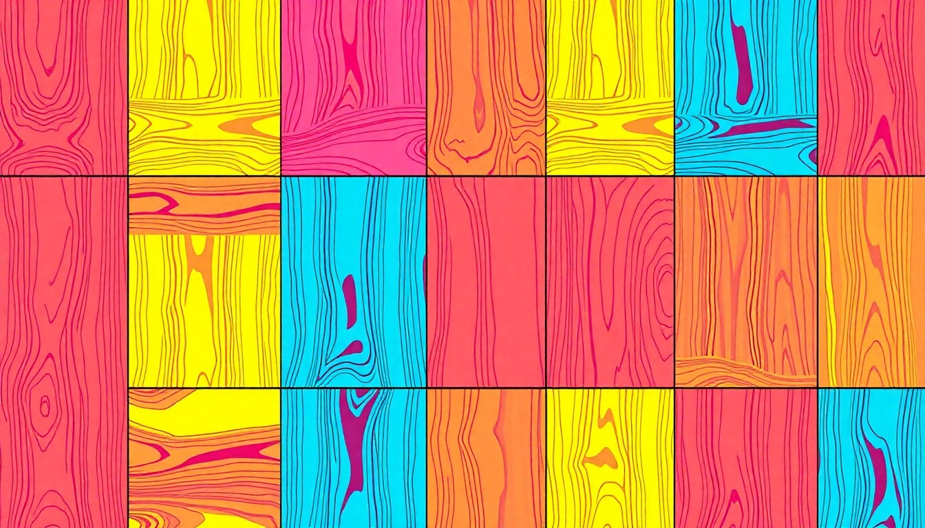 A brightly colored, high-contrast silkscreen print of a single, iconic flooring material such as a wood plank or tile, repeated in a tight grid pattern to create a modern, abstract pop art composition.