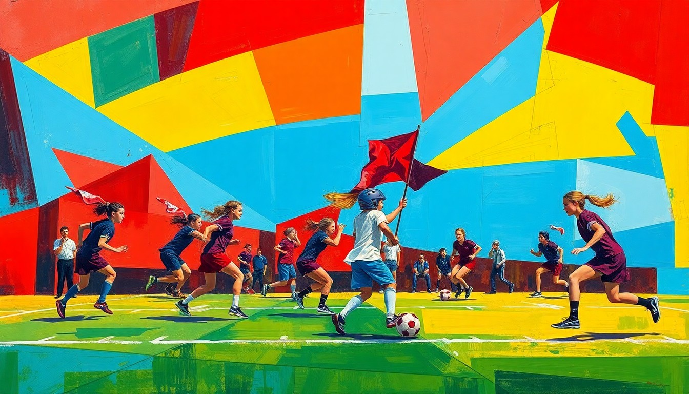 A dynamic, cubist-style painting depicting the action and energy of a girls flag football game, with the players and field broken down into overlapping geometric shapes and planes of bright, primary colors.