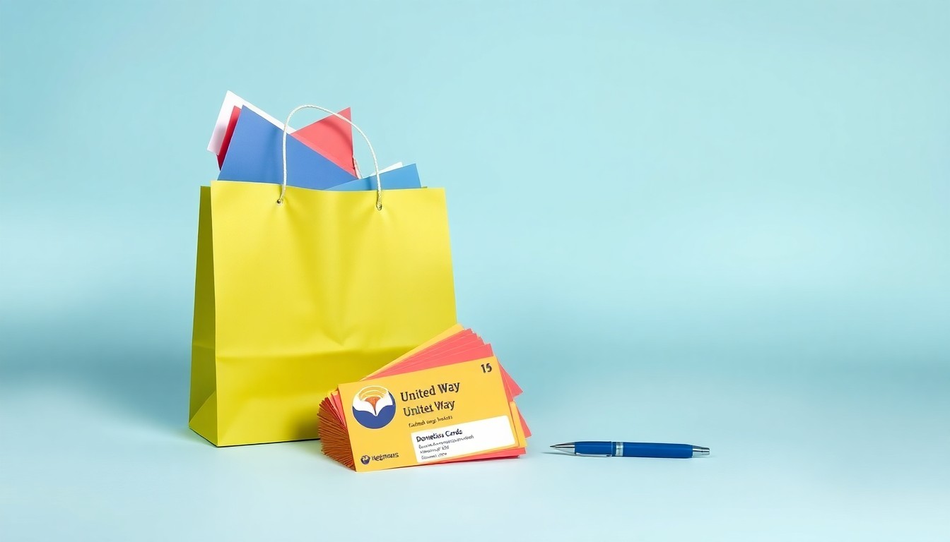 A high-end, photorealistic studio still-life photograph featuring a stack of colorful donation cards, a Wegmans shopping bag, and a pen on a clean, monochromatic seamless background, conceptually representing the partnership between United Way and Wegmans in driving community-focused fundraising.