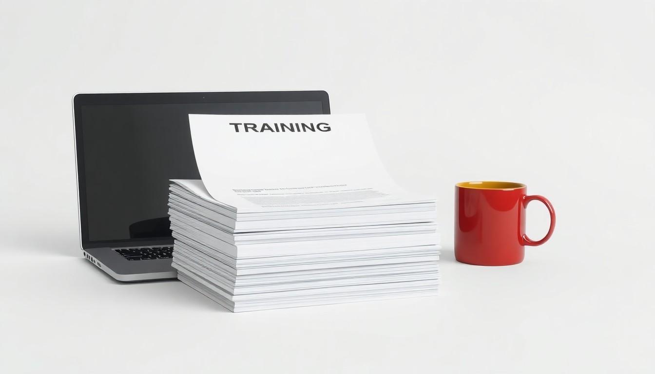 A minimalist studio still life featuring a stack of training manuals, a laptop, and a coffee mug on a clean, monochromatic background, representing the concept of corporate training and employee development.
