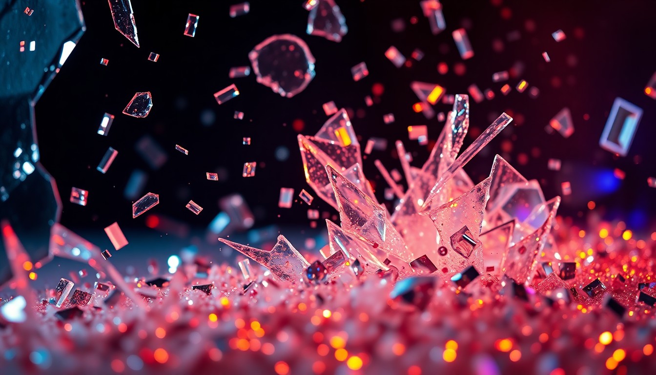 An extreme close-up photograph featuring a dramatic, high-contrast composition of shattered glass and glittering sequins, conceptually representing the glamour and chaos of the entertainment industry.