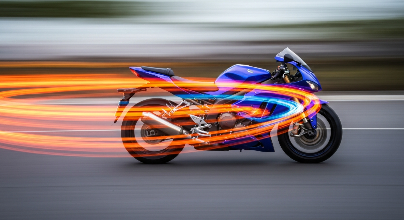 An abstract, motion-blurred image of a motorcycle in vibrant shades of red, orange, and blue, conveying the speed and energy of open-road travel.