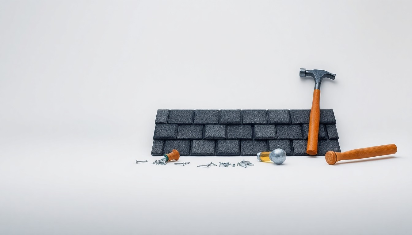 A high-end, photorealistic studio still-life photograph featuring a collection of polished roofing materials and tools arranged elegantly on a clean, monochromatic background, conceptually representing the quality and precision of Primetime Roofing's work.
