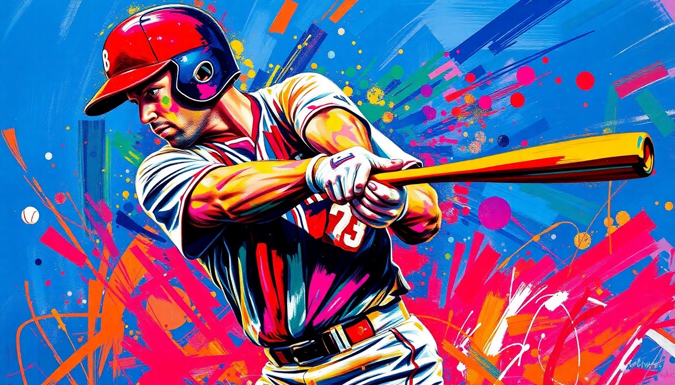 An extreme close-up of a baseball player's bat making contact with a ball, the player's face and uniform dissolved into a vibrant expressionist blur of neon colors and rapid brushstrokes, capturing the raw energy and power of the swing.