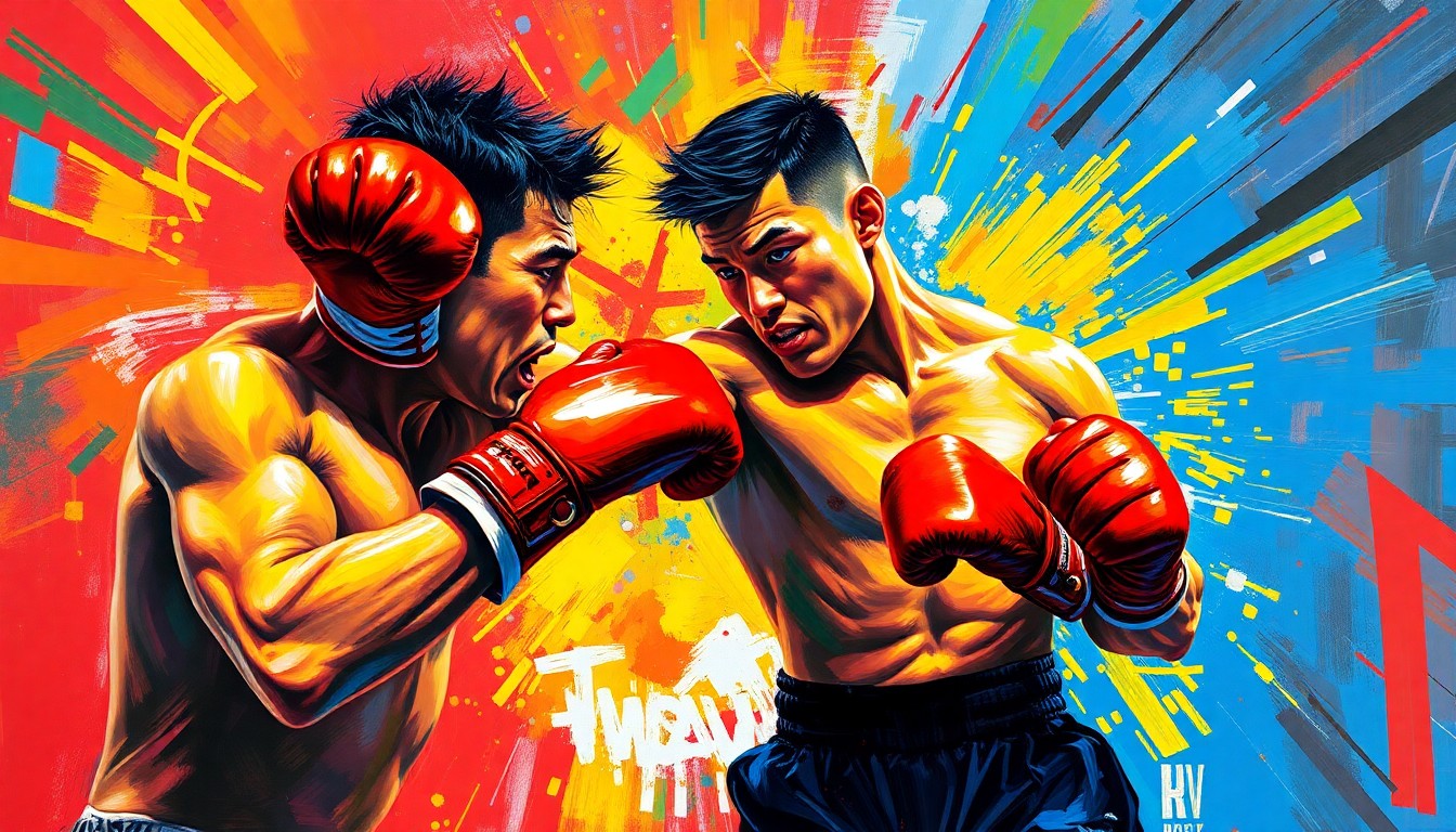A dynamic, colorful painting featuring bold, energetic brushstrokes that capture the intensity and athleticism of a boxer in motion, conceptually representing Tim Tszyu's drive to reclaim his top spot in the super welterweight division.