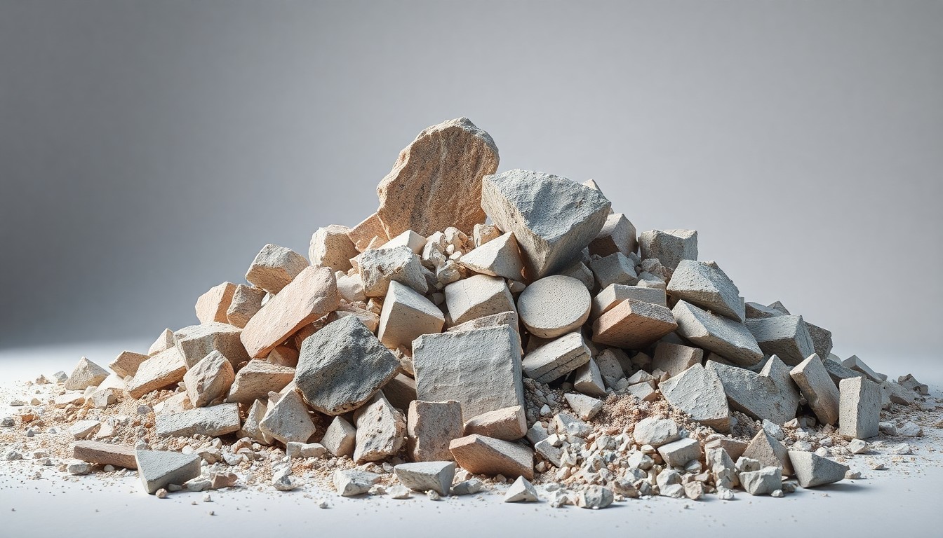 A photorealistic studio still-life image featuring a pile of rubble and debris from a demolished building, representing the clearance of the former Marks & Spencer and BHS retail sites in Northampton as part of a larger redevelopment project for the city center.