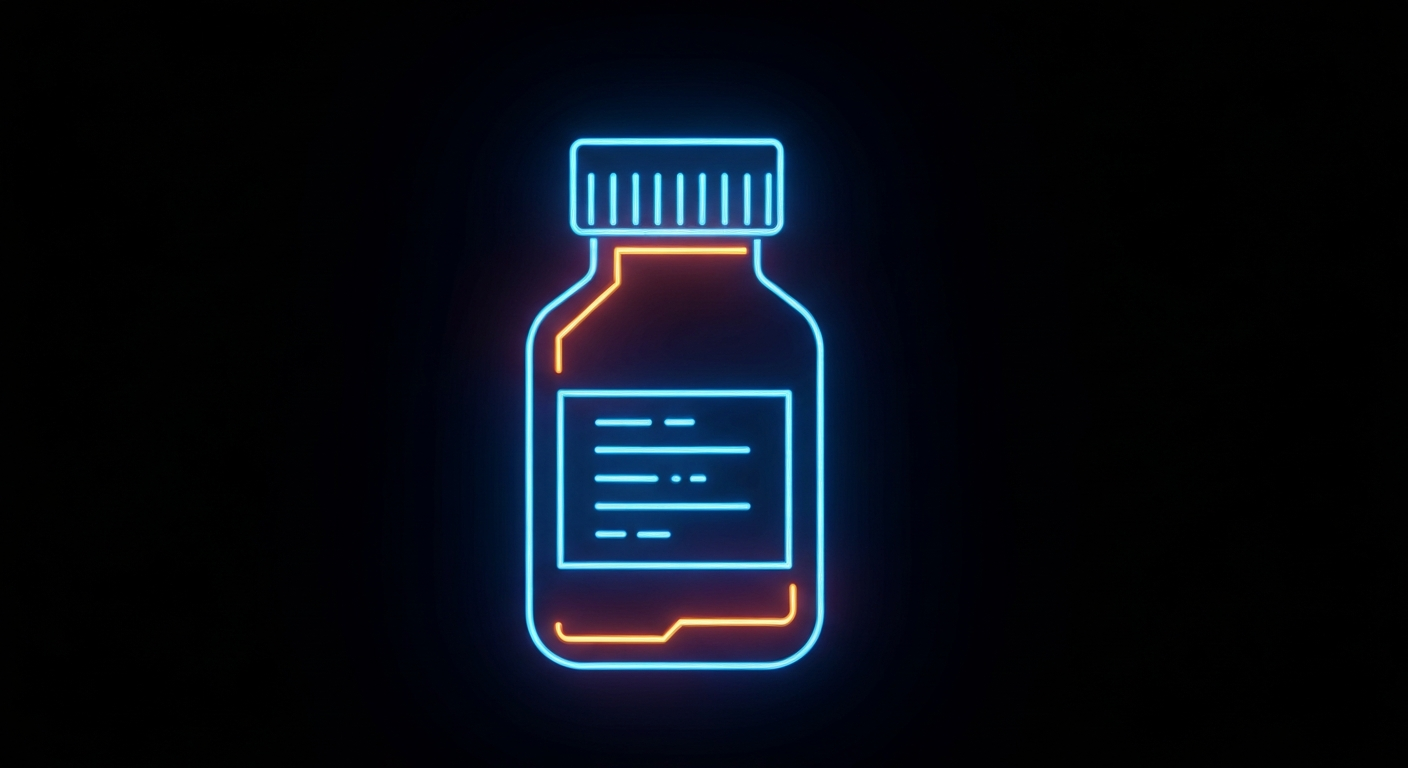 A minimalist design in the style of Keith Haring where a medicine bottle is defined entirely by glowing, vibrant neon lines against a deep, dark background, emphasizing the shape and energy of safely disposing of prescription drugs.