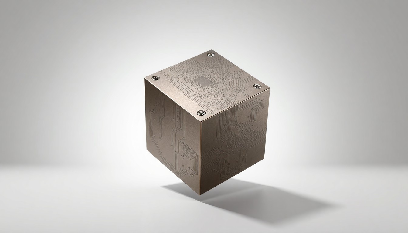 A highly detailed, photorealistic studio photograph of a sleek, metallic cube with intricate circuit board patterns etched into its surface, floating on a clean white background and dramatically lit from the side to highlight the premium materials and precise engineering.