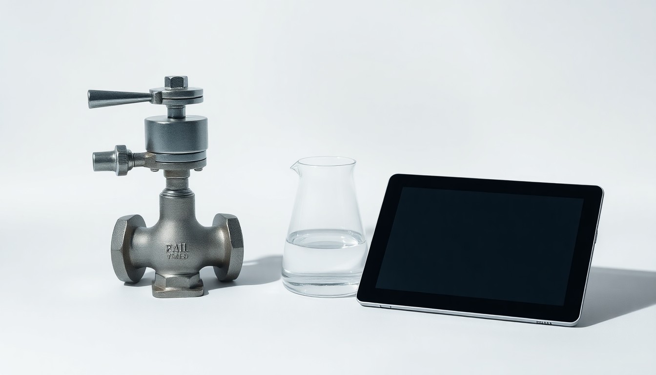 A minimalist studio still life photograph featuring a polished metal gas valve, a glass beaker filled with a clear liquid, and a sleek black tablet device arranged elegantly on a clean, white background, conceptually representing the energy production, data analytics, and corporate strategy of CNX Resources.