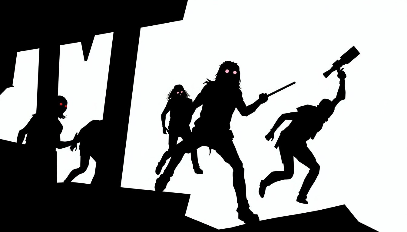 A bold, graphic composition of stark black silhouettes and geometric shapes in high-contrast red and white, conceptually representing the heavy metal music and zombie-themed animated video for Sevendust's new song 'Threshold'.