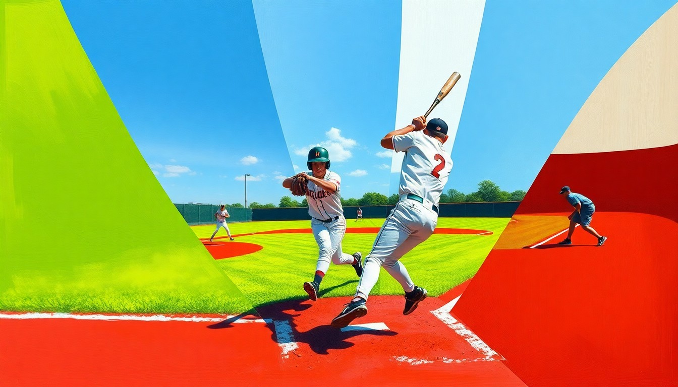 A cubist, geometric painting depicting the dynamic movements and action of a high school softball game, with sharp planes of green, red, and white representing the field, players, and ball.