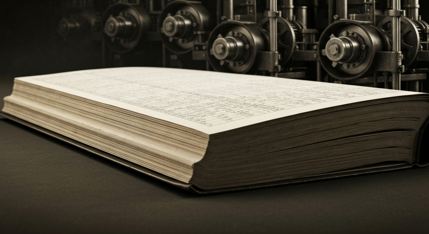 An extreme close-up of the heavily textured pages of an industrial financial ledger, with machinery visible in the background, conceptually representing the complex financial infrastructure behind public companies.