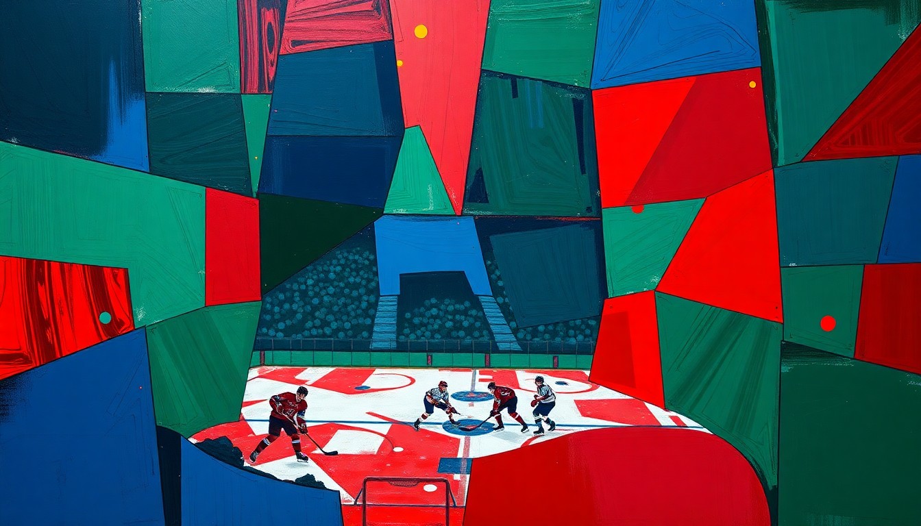 A fragmented, geometric painting depicting a hockey game, with sharp planes of navy, green, and red overlapping to create a sense of motion and chaos on the ice.