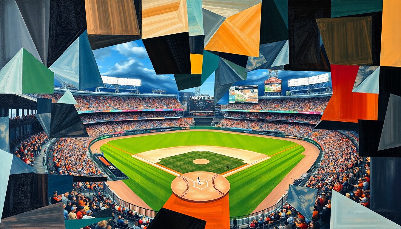 A cubist, geometric painting depicting a fragmented baseball game, with overlapping planes of color and shape representing the Giants' struggle to find their rhythm at the plate.