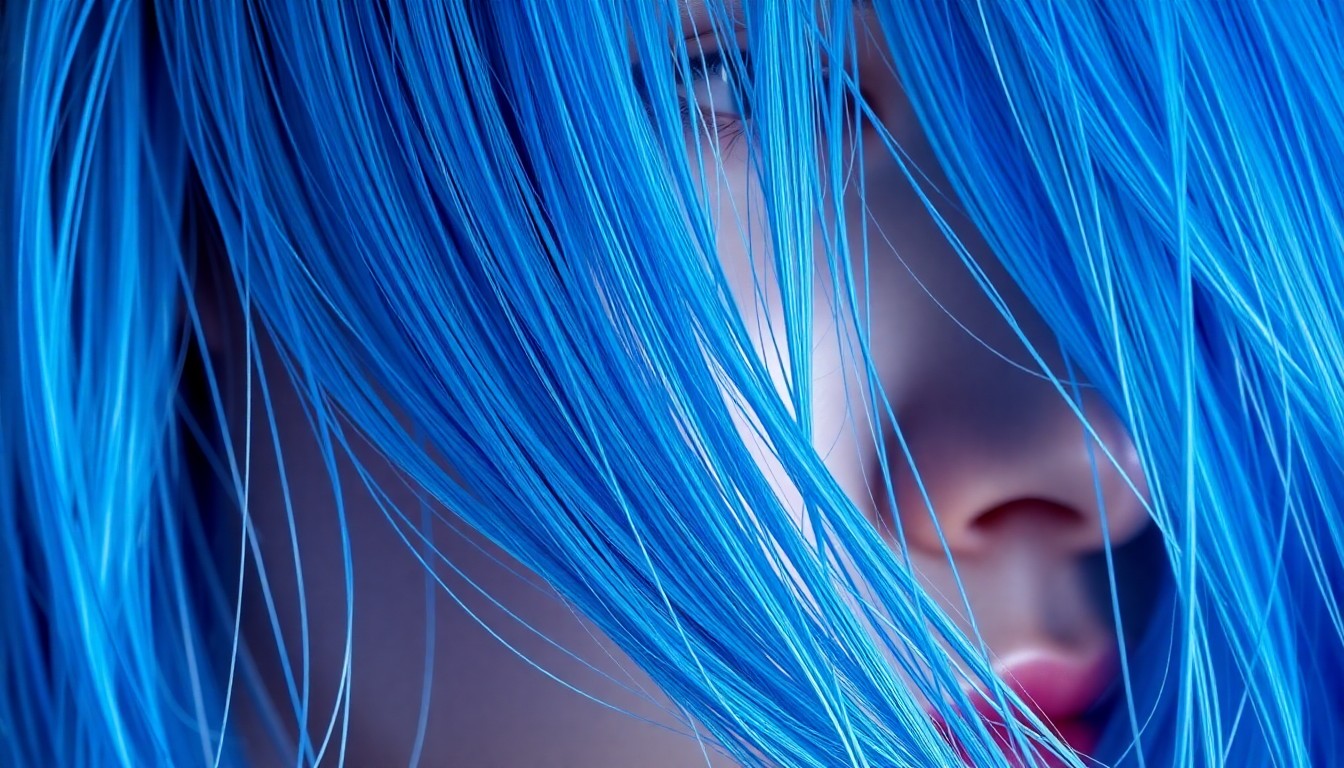 An extreme close-up photograph of vibrant blue hair strands, lit dramatically to create a high-fashion, glamorous aesthetic that conceptually represents the rising star power of a new voice in country music.