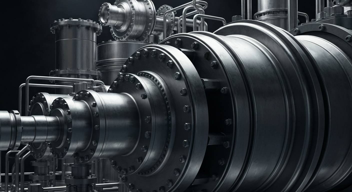 An extreme close-up of gleaming, industrial nuclear reactor components and machinery, dramatically lit against a dark background, conceptually representing the financial power and security of the nuclear energy industry.