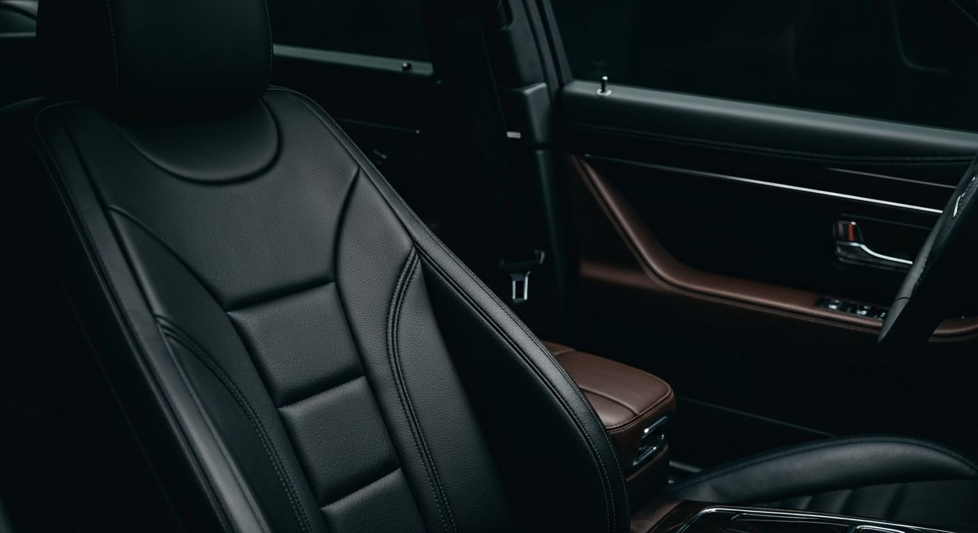 An extreme close-up photograph of the rich, pebbled leather texture of a luxury car dashboard, captured in dramatic lighting and muted colors to convey a sense of quality and craftsmanship.