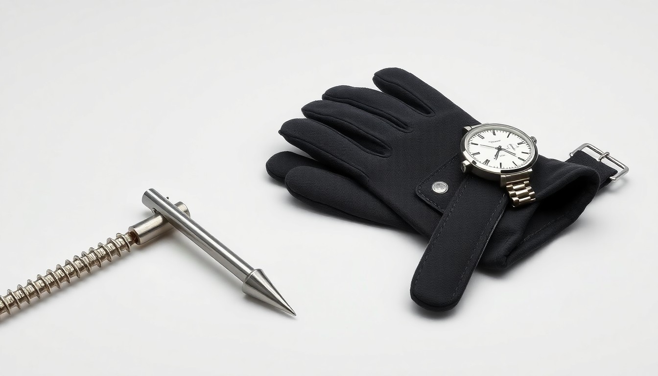 A photorealistic studio still life featuring a polished silver railroad spike, a pair of worn work gloves, and a vintage train conductor's watch, symbolizing the human labor and craftsmanship behind the railroad industry as it faces technological change.