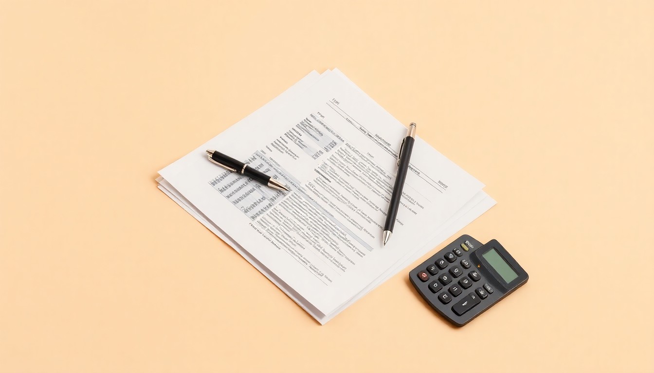 A photorealistic studio still-life featuring a stack of financial documents, a pen, and a calculator arranged elegantly on a clean, monochromatic background, conceptually representing the abstract corporate strategy and risk management in the financial planning industry.