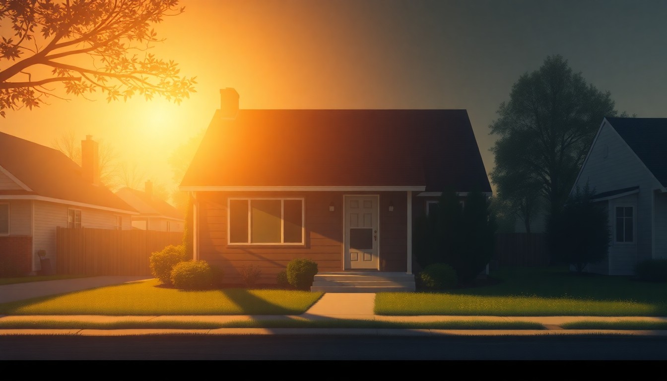 A serene, photorealistic painting of a single-story suburban home with a well-manicured lawn, the exterior illuminated by warm, golden sunlight casting long shadows across the scene, conveying a sense of quiet contemplation and the importance of providing tax relief for those who have served in combat.