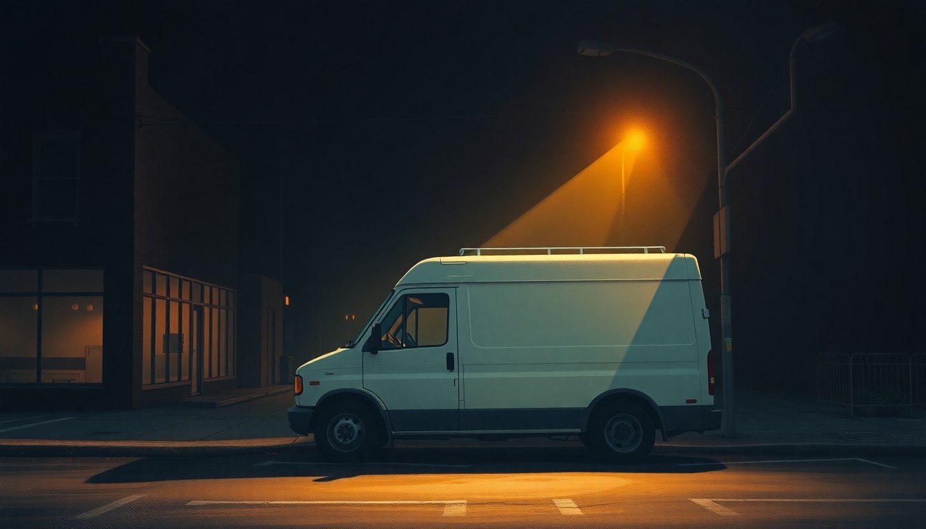A realistic painting of an ICE enforcement vehicle parked on a dimly lit urban street, with warm sunlight casting dramatic shadows across the scene, conveying a sense of tension and unease.