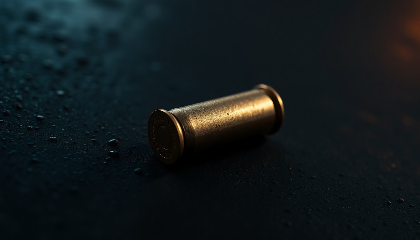 An extreme close-up photograph of a spent bullet casing on a dark, textured surface, lit by a harsh, direct camera flash, conceptually representing the aftermath of a shooting incident.