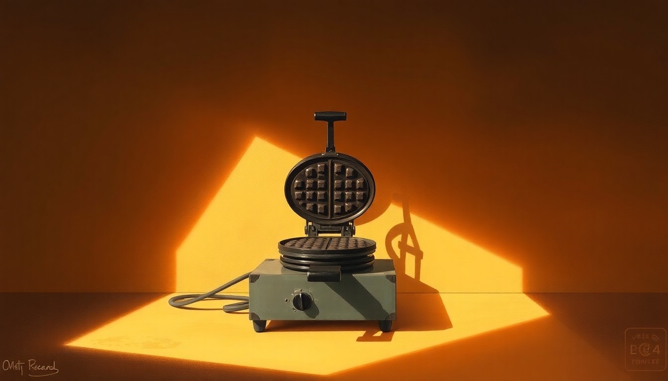 A close-up painting of a gleaming metal waffle iron sitting on a counter, with soft, warm lighting casting dramatic shadows across the scene, conceptually representing the quiet, industrial setting of the Lt. Governor's facility tour.