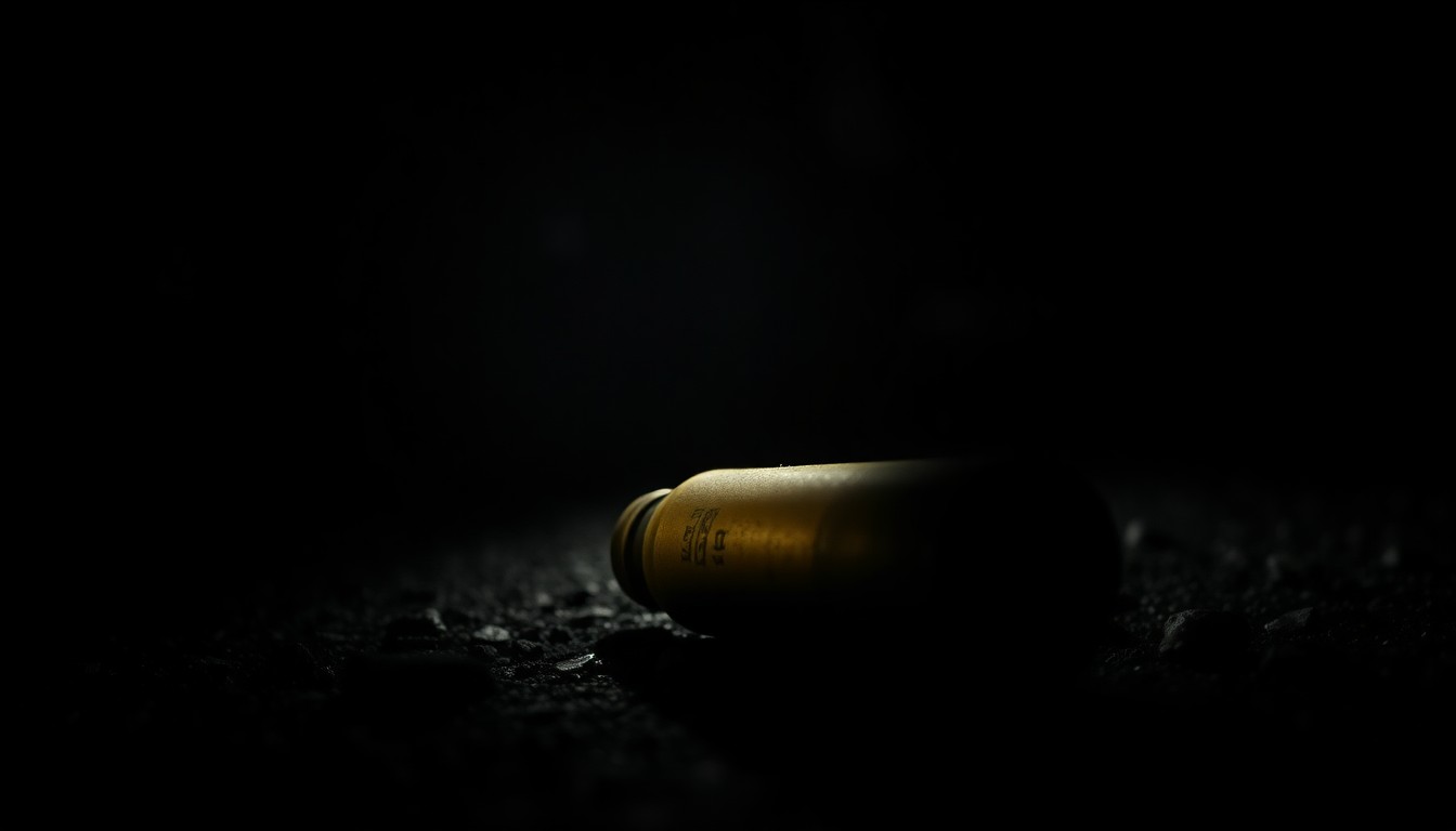 An extreme close-up photograph of a spent shell casing on the ground, the harsh lighting and stark black background creating a gritty, investigative aesthetic that conceptually represents the investigation into a reported shooting incident.