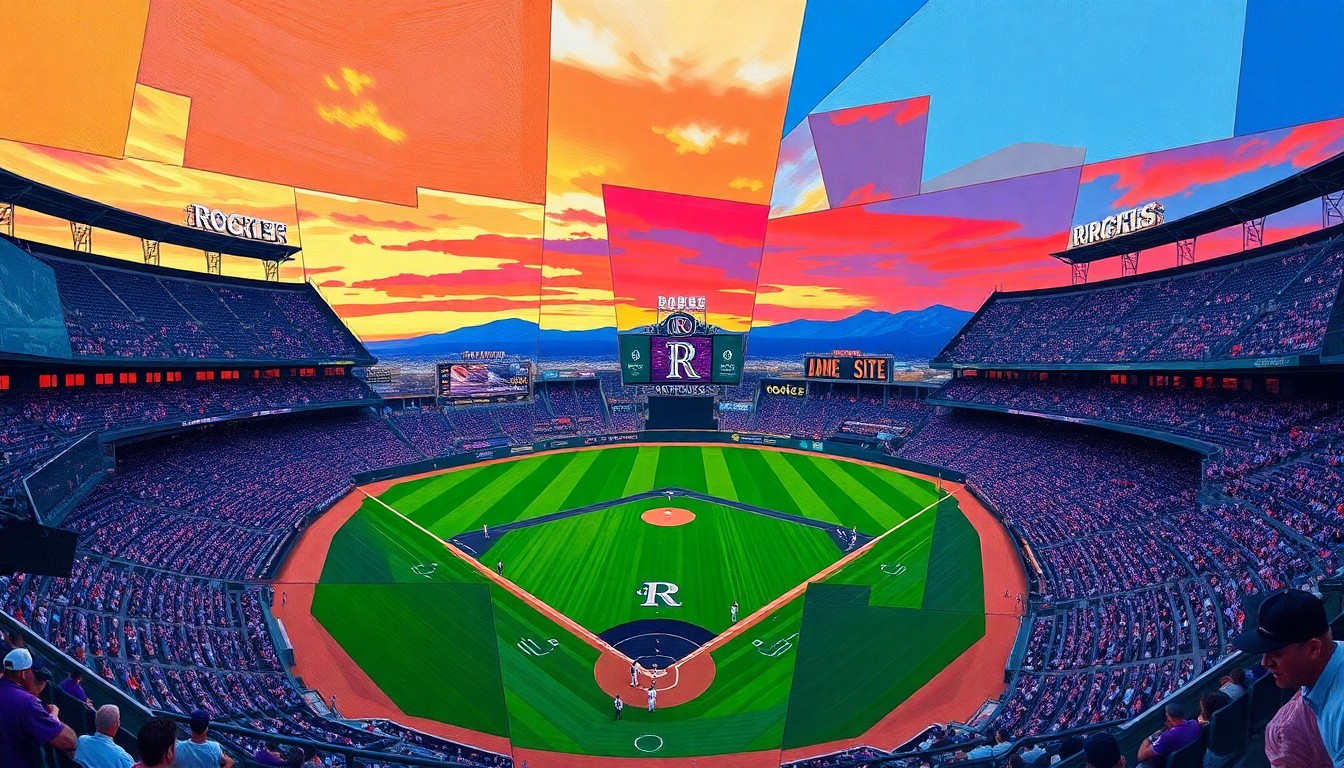 A visually striking, cubist-style painting depicting a Rockies baseball game in progress, with the field, players, and stadium rendered in a fragmented, multi-perspective style using bold, contrasting colors.